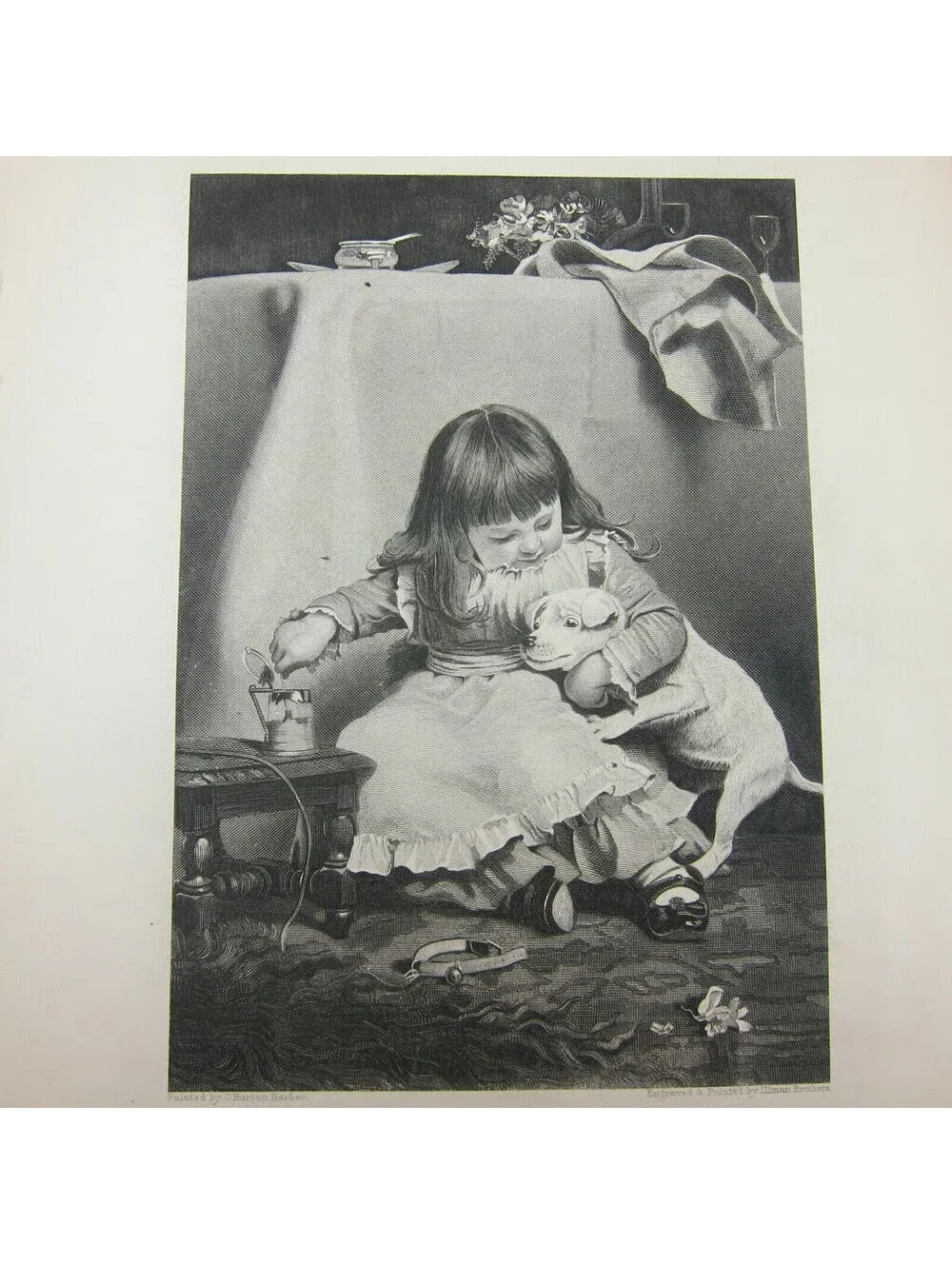Antique 1800s Victorian Engraving Print Little Girl & Dog Unwilling Participant